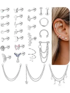 27 Pcs Helix Piercing Earrings Hypoallergenic Surgical Steel Earrings for Women Men Small Cz Flat Back Earrings Cartilage Helix Hoop Chain Piercing Tragus Earring Piercing Jewellery