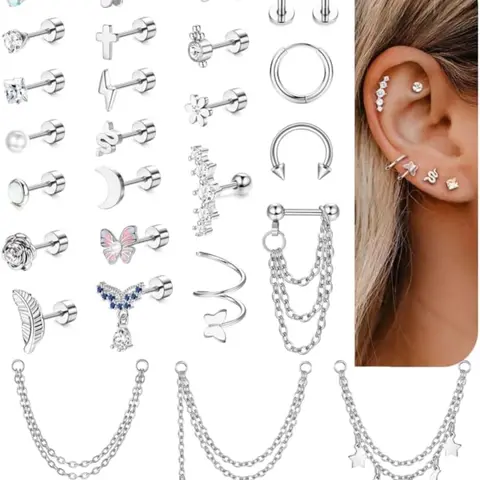 27 Pcs Helix Piercing Earrings Hypoallergenic Surgical Steel Earrings for Women Men Small Cz Flat Back Earrings Cartilage Helix Hoop Chain Piercing Tragus Earring Piercing Jewellery, Butterfly Earrings, Earrings Set, Earrings Jewelry