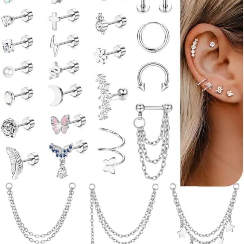 27 Pcs Helix Piercing Earrings Hypoallergenic Surgical Steel Earrings for Women Men Small Cz Flat Back Earrings Cartilage Helix Hoop Chain Piercing Tragus Earring Piercing Jewellery, Butterfly Earrings, Earrings Set, Earrings Jewelry
