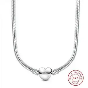 Heart 925 Sterling Silver Snake Chain Necklace Secure Ball Clasp Beads Charms Chocker Necklace For Women Men Wedding DIY Jewelry