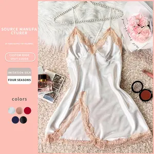 Source Manufacturer Imitation Silk Sexy Lace Nightdress Summer Thin Breathable Strap Dress Homewear Ice Silk Pajamas for Women Loungewear Nightwear Navy Blue Sleeveless Basic Minimalist