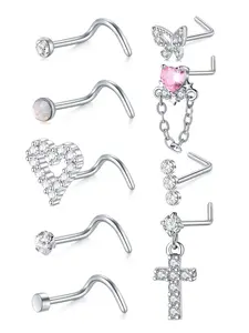 Cute Heart & Cross Design Nose Studs, Rhinestone Decor Nose Rings, Spiral Nose Ring, Stainless Steel Body Piercing Jewelry for Women & Men, Trendy All-match & Exquisite Jewelry for Birthday Gift, Nose Rings Set