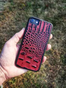 Leather Phone Case - For iPhone for 6 7 8 X XS XR 11 12 13 14 15 Pro Mini ProMax Max Plus + -Red Alligator Pattern - Cow Leather Cover