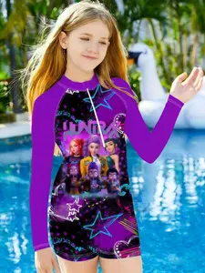 Girls Kpop Korean Style Long Sleeve Jumpsuit, Ink Blot Group Print Quick-Dry Swimsuit, Summer Beach Vacation Swimwear