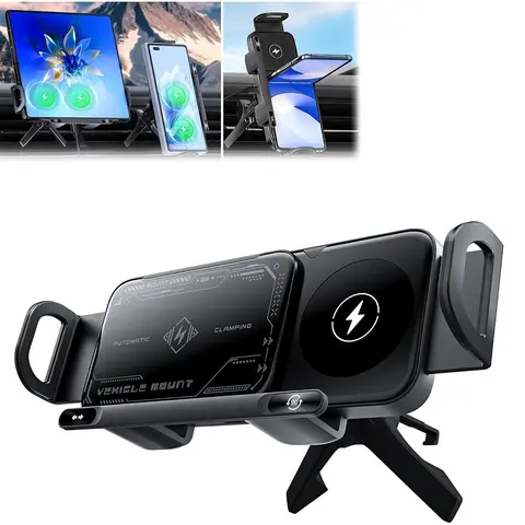 2-In-1 Universal Fit Car Phone Mount with 15W In-Car Charger, Portable Wireless Chargers, Auto Rotation, Automatic Clamping, Compatible with Galaxy Fold 7, iPhone 17