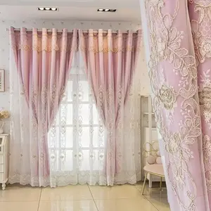 1pc Double Layer Embroidered Floral Blackout Curtain, UV Protection, Thermal Insulation, Living Room Bedroom Dining Kitchen Drapes