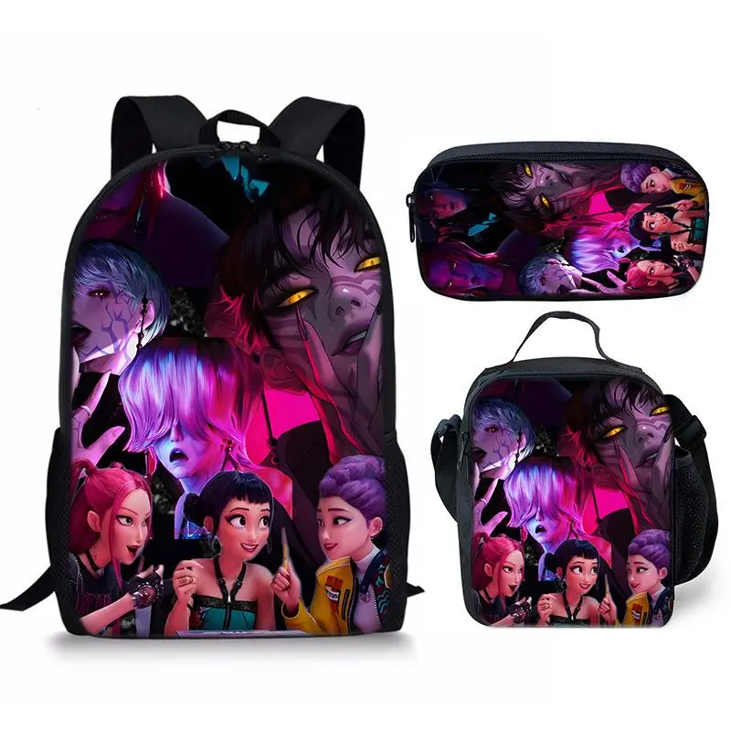Cyberpunk Anime Character Group Full Print 3 In 1 Backpack Set, Backpack + Insulated Lunch Bag + Pencil Case Gothic Neon Art Fan School Laptop Daypack
