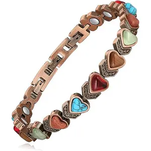 Pure Copper Bracelet for Women Peach Heart Inlaid Turquoise 3500 Gauss Magnetic Arthritis Relief Eco-Friendly Jewelry with Free Adjustment Tool
