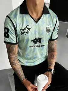 Men's Vintage Star Print Soccer Jersey | VANCOUVER Number 8 Football Tee | Retro Streetwear Turn-Down Collar Top | Sports Top