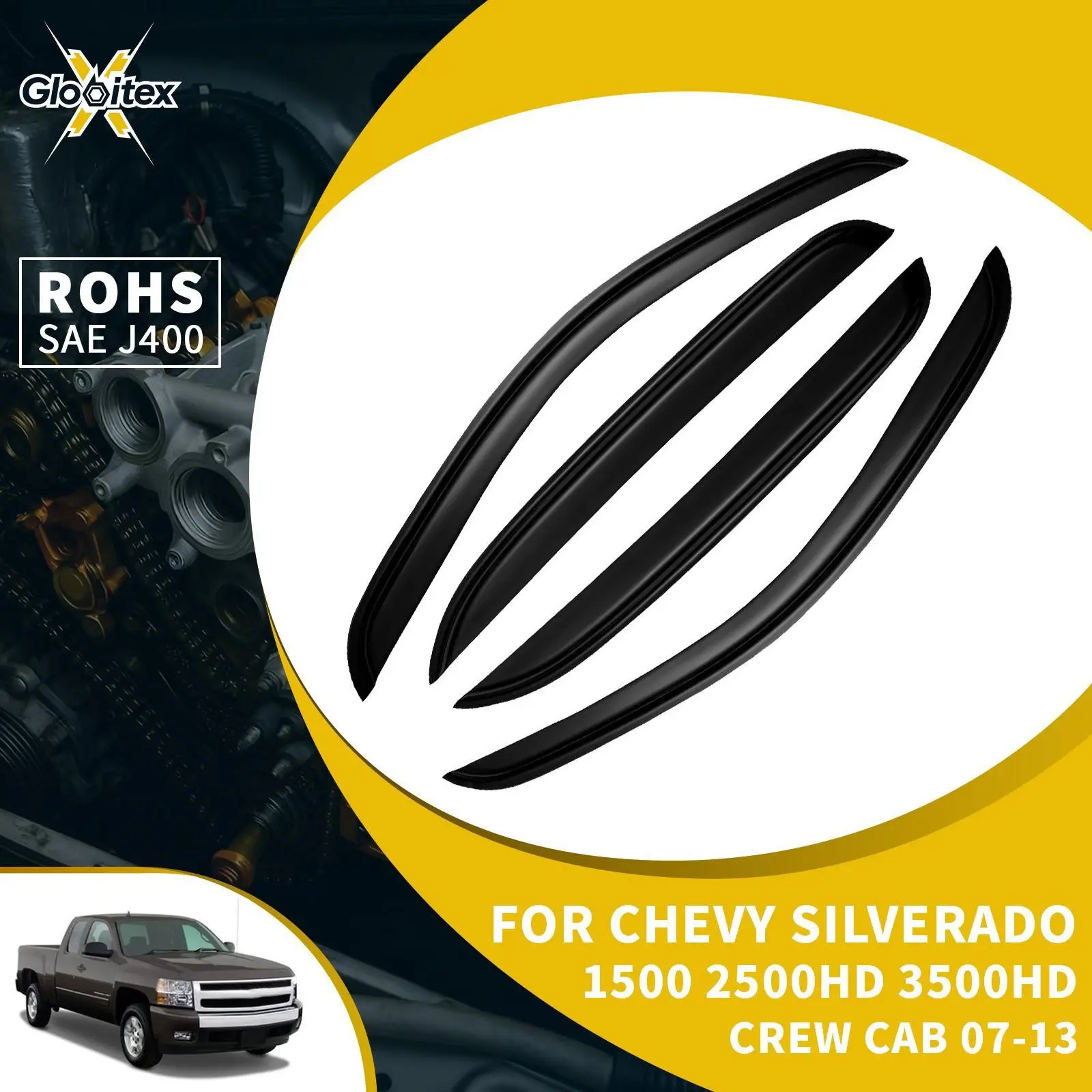 Tape-On Side Window Visors - 4PCS Vehicle Specific Aftermarket Truck Vehicle Accessories, Car Sun Protection Rain Guards, Wind Deflectors for Chevy Silverado/GMC Sierra Crew Cab 2007-2013, Ventilation Support, Acrylic, Edge-Fit