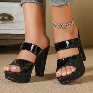 Women's open-toe high-heeled thick-soled slippers for outdoor wear, new style in summer 2025, elegant thick heel, comfortable semi-slippery shoes