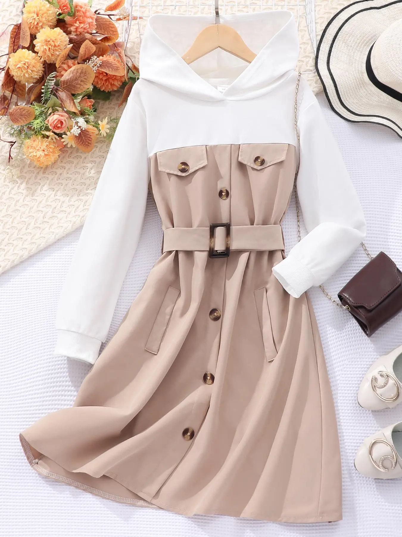 Girl's Colorblock Button Front Belted Dress, Casual Long Sleeve Hooded Dress for Fall & Winter, Kids Clothes for Daily Wear