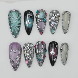 Blue Cat Eye Press On Nails: Shimmering Party Gel Nail Art, Reusable Glossy Cat Eye Design, Elegant Night Out Press Ons
