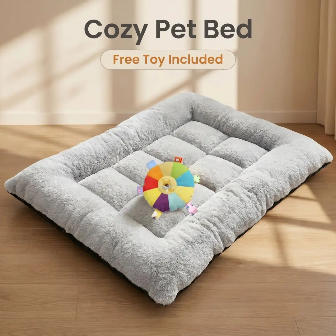 Plaid Flannel Thick Plush Rectangular Dog Bed Mattress - Free Squeaky Toy, Ultra Soft Warm Raised Edge, Zoned Support, Anti-Slip Bottom, Washable Crate Pad for Small-Large Dogs Indoor Winter Rest