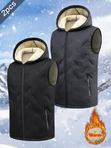 2PCS Men's Winter Sherpa Fleece Lined Hooded Vest, Windproof Warm Cold Weather Sleeveless Jacket, Full Zip Closure, Suitable for Daily Casual Outdoor Activities