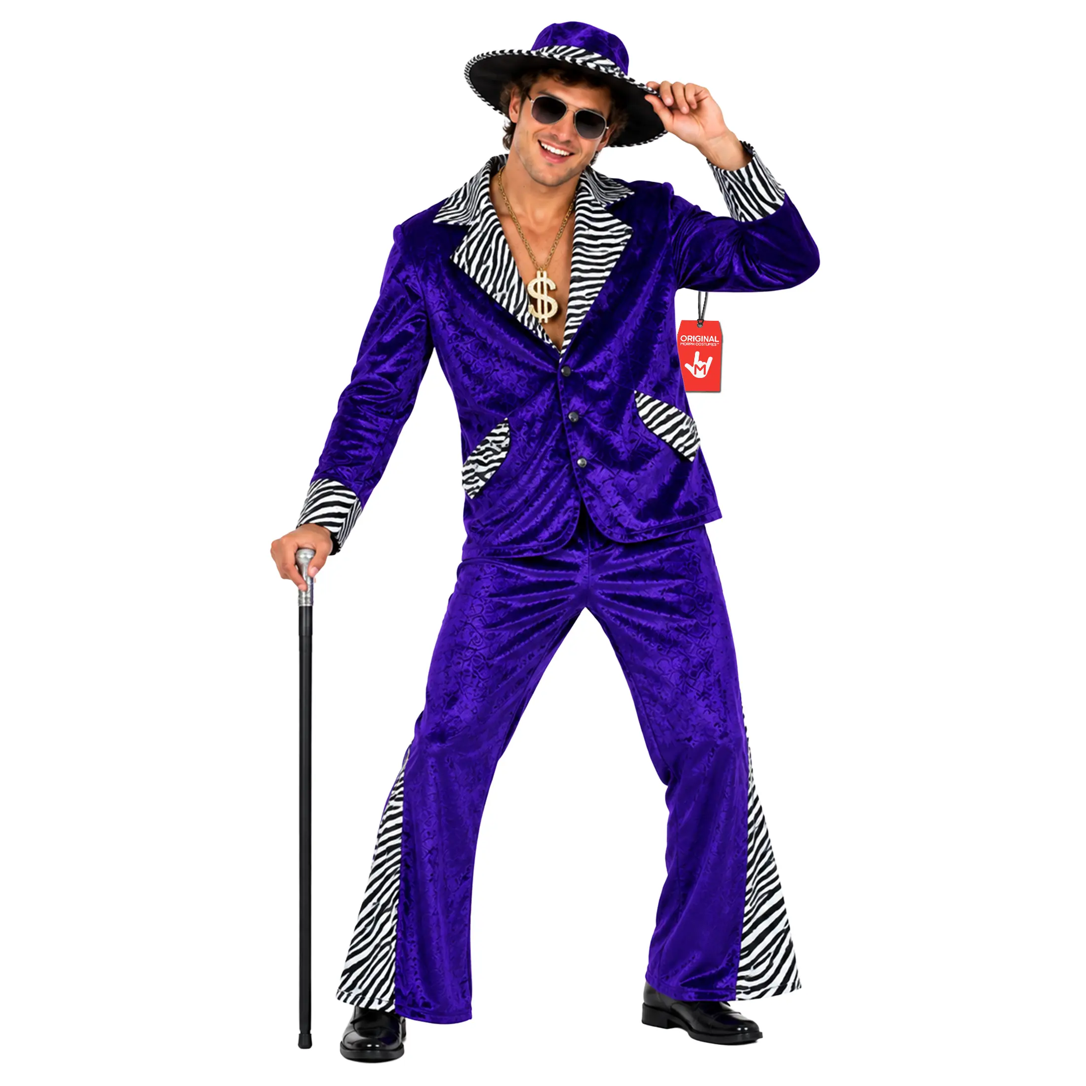 Men's Long Velvet Zebra-Trim Purple Morph Costume - Long Jacket Pimp Suit, Multi-Size, Retro Flashy, Breathable Hem, Halloween Special Occasion Outfit