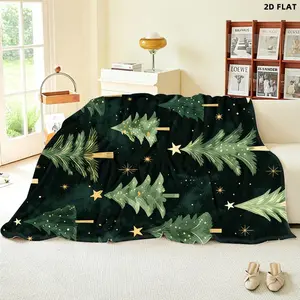 Christmas Themed Single - Sided Printed Throw Blanket, Multiple Specifications Available, Festive Green & Gold Christmas Tree Pattern, Ideal for Winter Holiday Decor & Napping, Soft Comfortable Material, Add a Whimsical Holiday Charm to Your Space