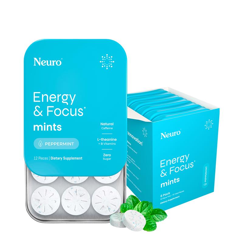 Neuro Energy Caffeine Mints - Sugar-Free Nootropic Mints for Energy & Focus with L-theanine, Caffeine, Vitamin B12 & Vitamin B6 - Peppermint Flavor