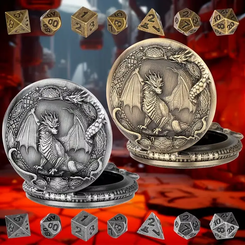 7Pcs Dark Silver Zinc Alloy D&D Polyhedral Dice Set with Border Dragon Pattern, Steampunk Compact Vintage Watch Case & Pocket Chain - Unique Gifts for Man (Christmas, Graduations) | D&D Board Game Accessories for 14+