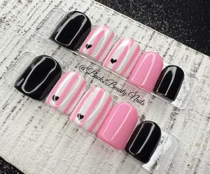 Pink, White, and Black Valentine's Day Nails, Minimalistic Valentines Press on Nails, Valentines Press on Nails, Luxury Press On Nails