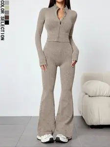 Women's Casual Fashion Long Sleeve Pants Sportswear Set, Textured Sweatsuit Sets, Sexy Tight Fit Peach Butt Wide Leg Yoga, Fall Winter Collection