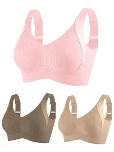 Women's Plain Four-Row Adjustable No-Wire Bra, Breathable Design, Comfortable Medium Support, Ideal for Daily Wear, Casual Underwear