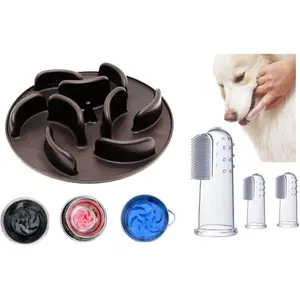 Slow Feeder Insert for Dog Bowl with Suction Cups Anti-Choke Silicone Design Fits Most Dog Bowls Includes 3 Finger Toothbrushes for Puppy Pet Dental Care Universal Fit for Small Medium Large Bowls