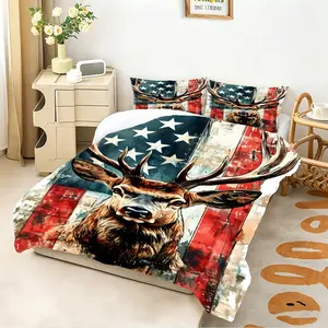 Patriotic Elk Deer Comforter Set, 2/3 Pcs Comforter & Pillowcases, No Pillow Core, All‑Weather Comfortable Bedding Set, Breathable & Gentle on Skin, Ideal for Guest Bedroom, Boys Room, Hunting Lodge, Holiday Gift
