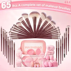 65 Piece Face Makeup Tool Set with 36 Brushes Toiletry Bag Hair Tie Wrist Straps Sponges Fan Shaped Mini Thumb Air Cushion Puffs for Complete Makeup Application