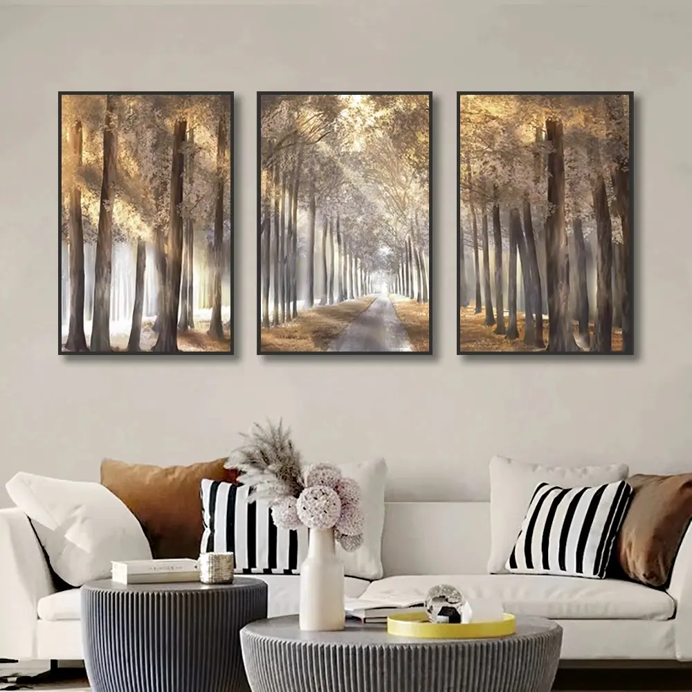 3pcs/set Frameless Golden Light Passing Through Trees Forest Canvas Painting Charming Landscape Pictures Wall Art Decor Posters and Print for Living Room, Decoration