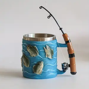 Fishing Themed Resin Coffee Mug with Stainless Steel Liner - Fish-and-Rod Design Cup for Anglers, Home & Festive Party Supplies