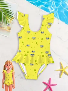 Girls' one-piece swimsuit "SpongeBob Vibrant Yellow Style" - yellow background with polka dots, cartoon design + ruffled style, sweet, cute and energetic, creating a full atmosphere for summer swimming pool / beach outfits