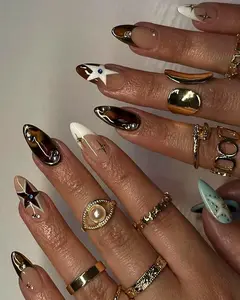 Midnight Rodeo Press On Nails, Tortoise Shell & Gold French Tips, Western Star Nail Art
