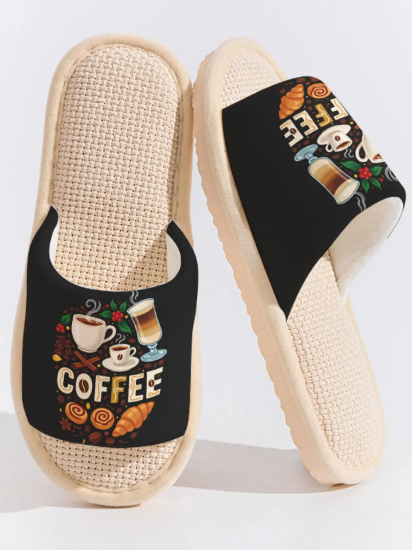 Coffee Cup Croissant "COFFEE" Vintage Slippers Cloud-Feeling American Casual Style Indoor Outdoor Must-Have