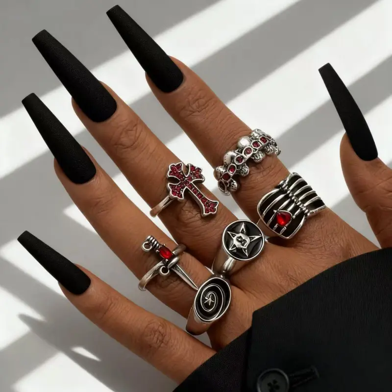 Nocturne Gothic Accessories - 7 Bold Dark Rings with Cross Sword Star & More Endless Attitude Fashion Culture
