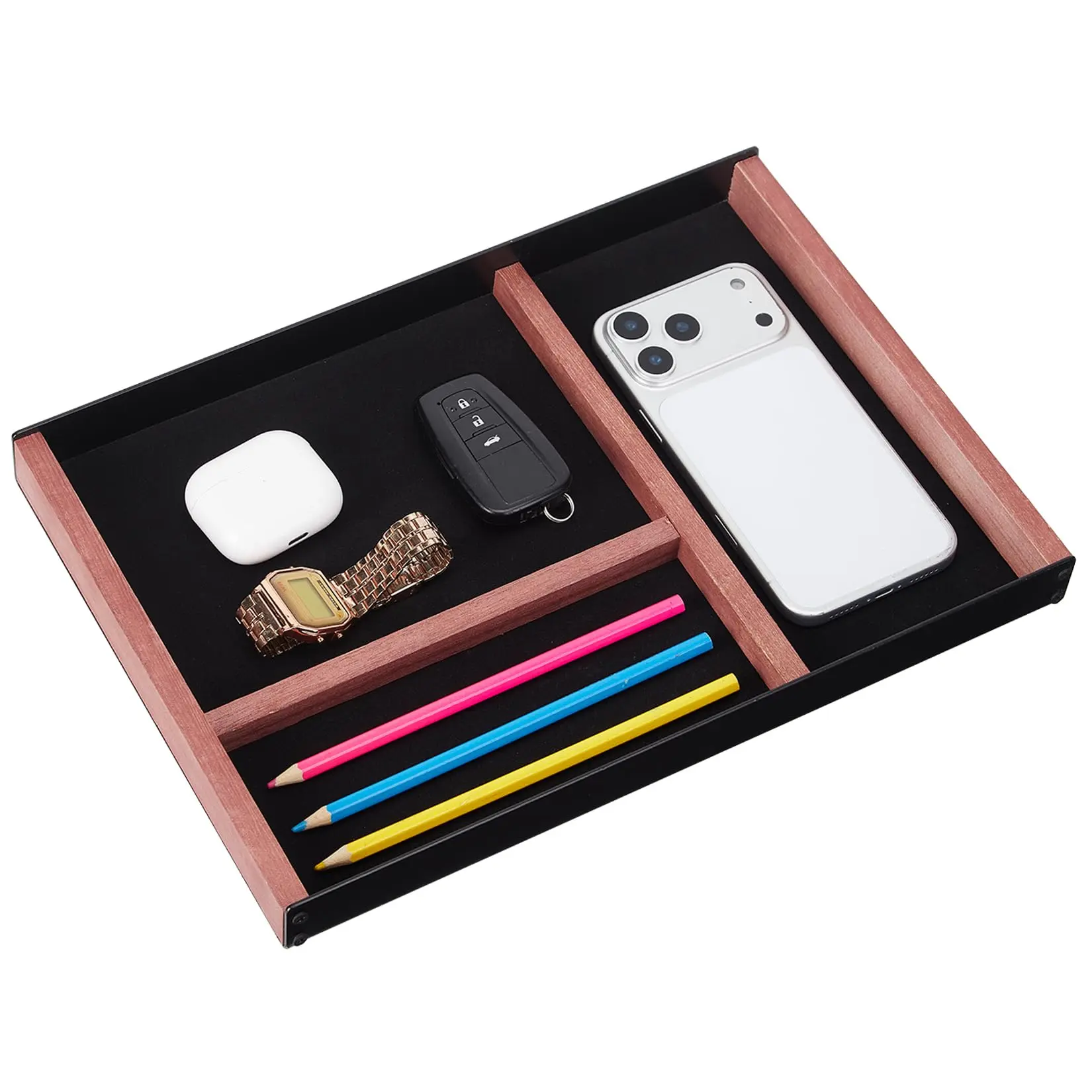 1pc 3-Compartment Desk Organizer Tray, Iron & Paulownia Wood Office Drawer Caddy, Multi-Purpose Storage for Pens, Keys, Phone & Accessories, Black & Wood Tone