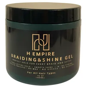 H Empire Braiding & Shine Gel - 16 oz Protein-Enriched No Wax No Grease No Alcohol for All Hair Types - Long Lasting Hold & Smooth Shine