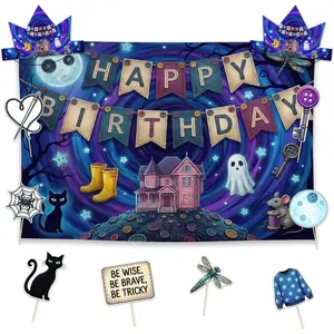 Allenjoy Horror Movie Halloween Cat Party Decorations Set - 11 Piece Kit with 59"x35" Backdrop, 2 Headbands, 8 Photo Booth Props, Decor Supplies, Favors for Boys Girls Men Women