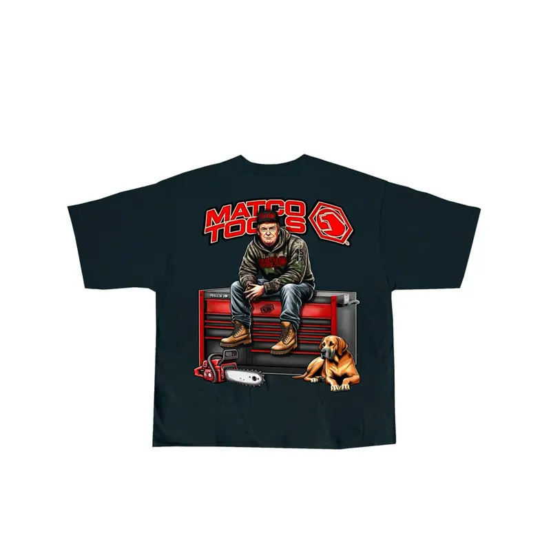 Matco Tools Men's Short-Sleeve Camo Crewneck T-Shirt - 2-Sided Trump & Chainsaw Graphic Print, Black Casual Workwear Menswear, Size-Selectable (Incl. 2XL), No Dry Clean