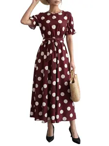Women's French Classic Feminine Party Dress, Large Polka Dot Waist Belt, Ruffle Long Dress, Perfect for Birthday Parties, Elegant Evening Gown