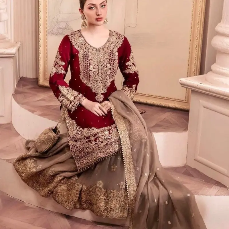 Sharara Suit for Women with Gold Embroidery, Maroon 3-Piece Indian Bride Attire, Desi Party Wear Clothes