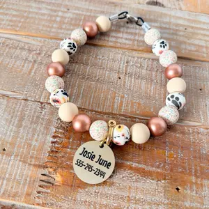Name ID tag on a Paw Print Bead Dog Necklace, Silicone Beads durable wire hold with ring clasp