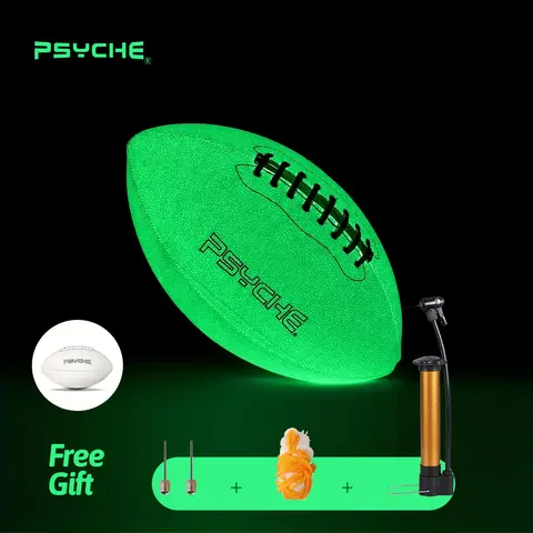 Psyche Leather Glow-in-the-Dark Standard Rugby Ball (Size 9) - High-Quality Professional Training Ball with Butyl Inner Liner, Outdoor Use, 4-Piece Practical Accessory Kit (Pump, Needles, Net) for All Age Groups Gifting
