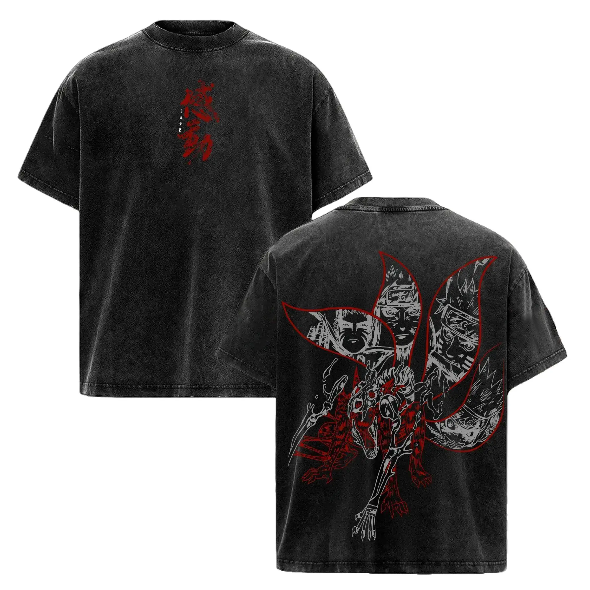 Naruto Kurama Sharingan Oversized Tee – Vintage Washed Anime Graphic T-Shirt, Nine Tails Fox Manga Shirt, Soft Cotton Streetwear, Acid Wash Casual Unisex Apparel, Naruto Inspired Fan Gift