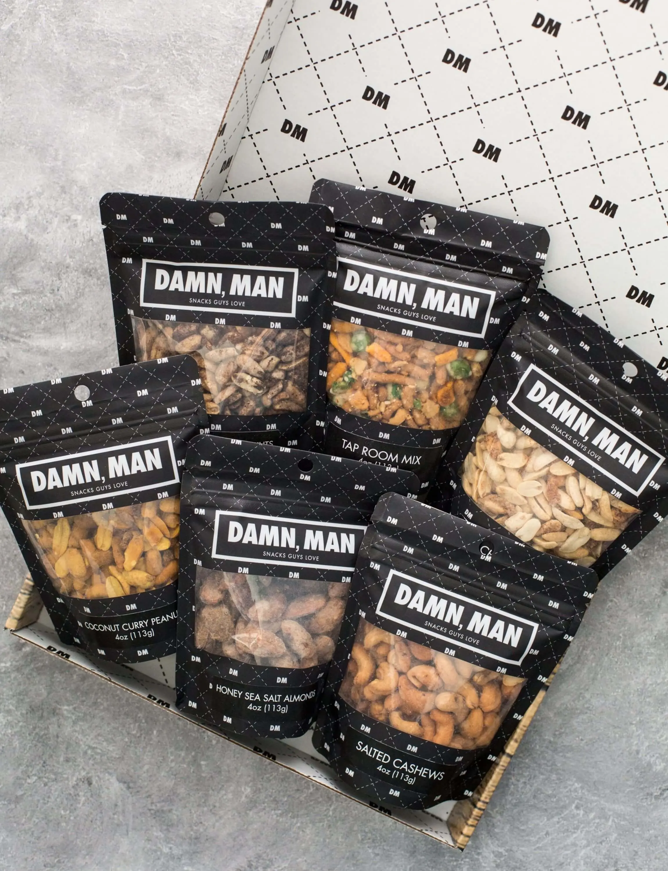 Damn Man Manly Mixed Nuts Box 6 Gourmet Kettle-Cooked Nut Varieties Premium Handcrafted Snack Mix Protein Coconut Dry Salted Honey Assorted Flavors US