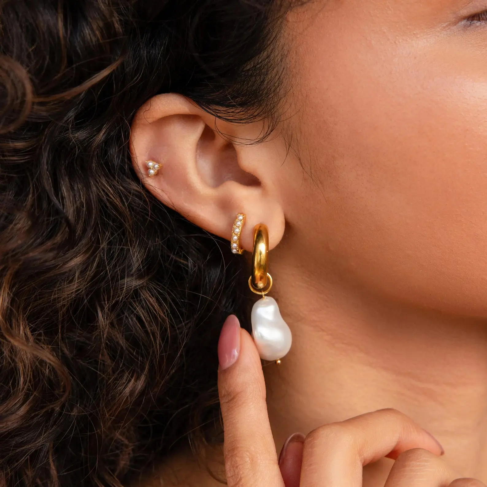 Baroque Pearl Earrings Set by Caitlyn Minimalist - Beaded Pearl Huggies, Dainty Trio Stud Earrings, & Pearl Drop Hoop Earrings - WeddingJewelry - Gift for Her