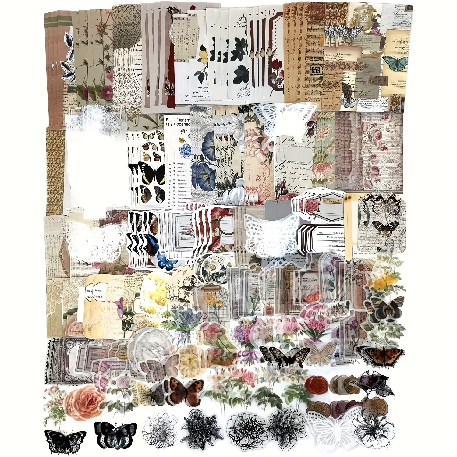 260PCS Floral & Butterfly Ephemera Kit, Office Stationery & School Supplies for Journaling, Scrapbooking, Includes 80PCS Washi Stickers, 120PCS Vintage Papers, 40PCS PET Stickers, 20PCS Vintage Botanical Illustration Assorted Paper Cards