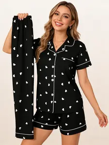 Minimalist Ins Style 3 Piece Black Heart Pajama Set Women, Short Sleeve, Shorts & Long Pants, All Year Round Wearable, Heart Print, Button Down Top, Lightweight Edgy Home Outfit