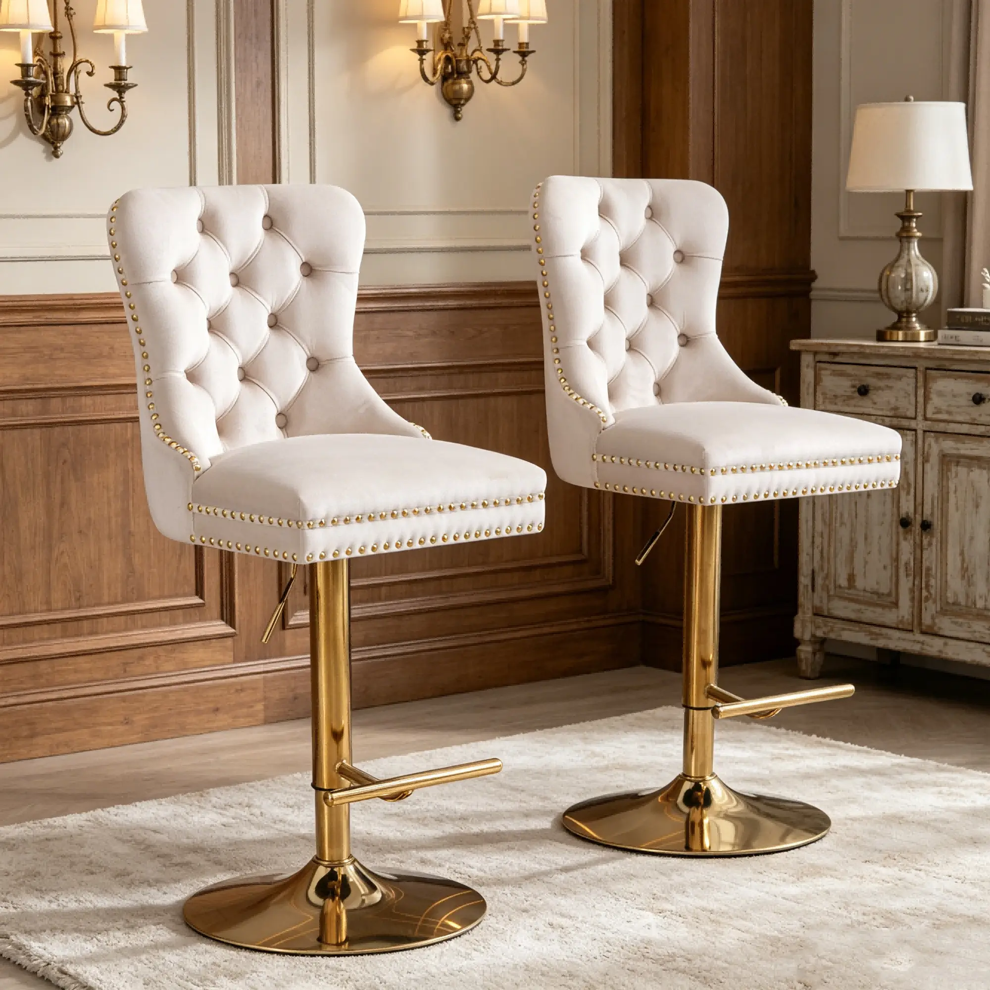 Set of 2 Thick Chrome Swivel Velvet Barstools, Adjustable Height 25-33 in Upholstered Counter Stools with 17.7 in Round Base, Diamond Tufted Button Back 360° Swivel Chairs for Kitchen Island, Home Pub, Barstool