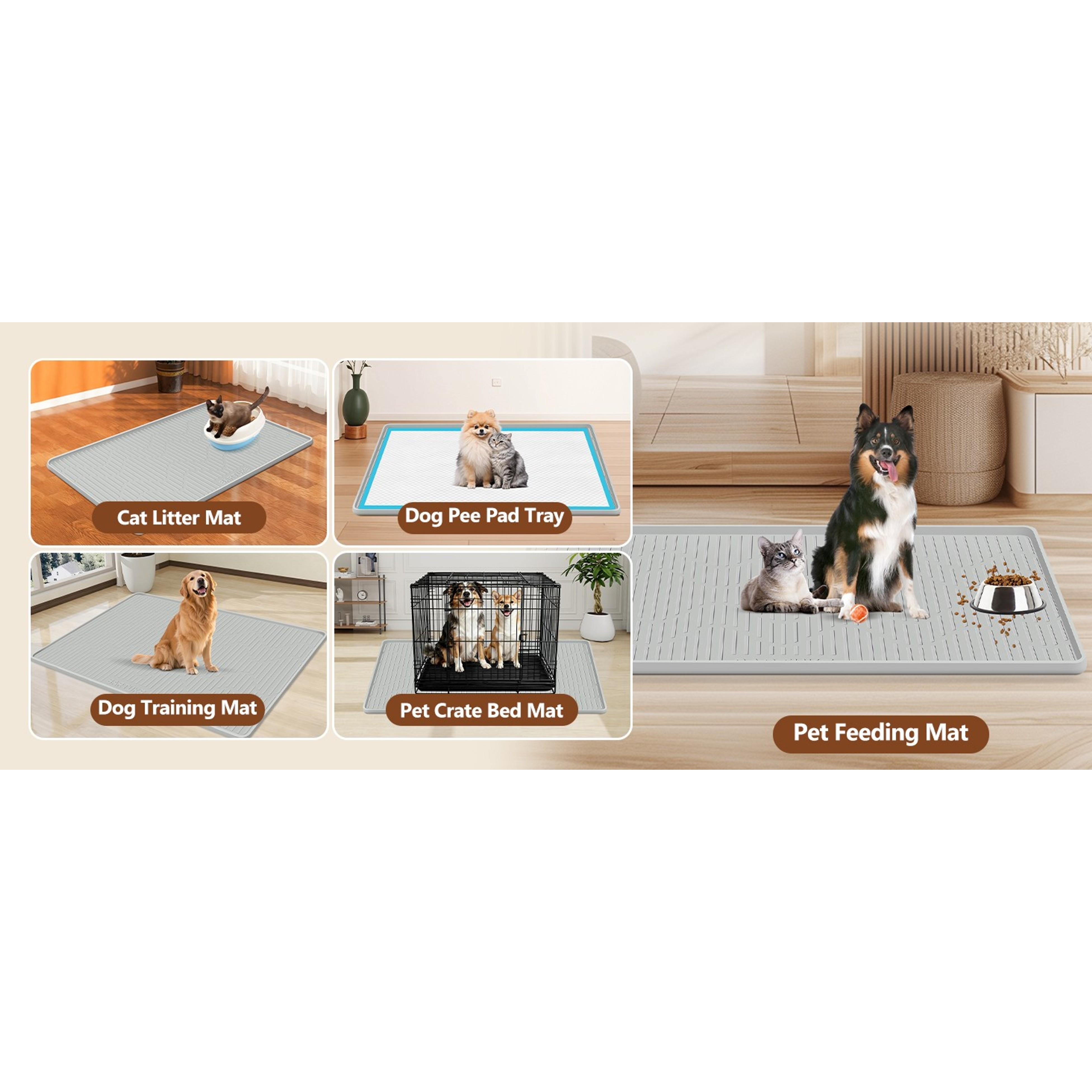 Extra Large 46" x 32" Silicone Cat & Dog Food Mat Waterproof Leakproof Pet Feeding Placemat with Raised Edge Grey